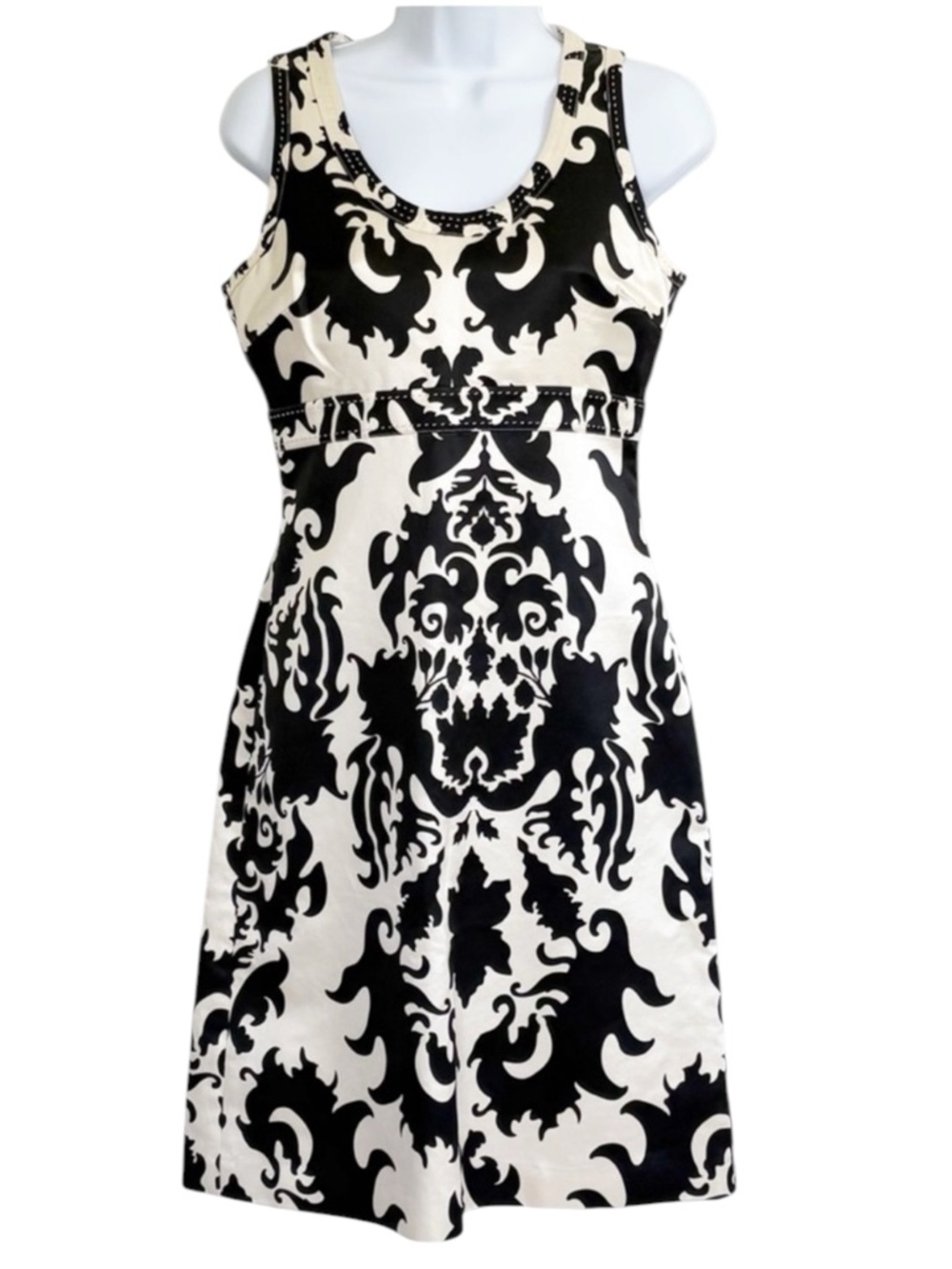 TORY BURCH Damask Silk Cotton Mini Dress Black Ivory Empire Waist Size 6